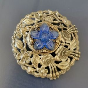 Vintage Ornate Silver Tone Brooch/Pendant Blue glass Art Deco w/perfume holder